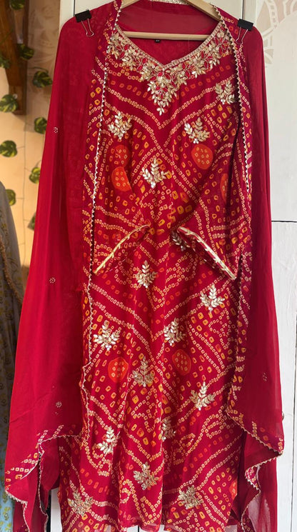 Red Georgette Bandhani suit online with golden embroidery and matching dupatta from Dharini's Store