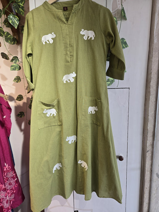 DH 130-G-Charming Olive Elephant Motif Dress