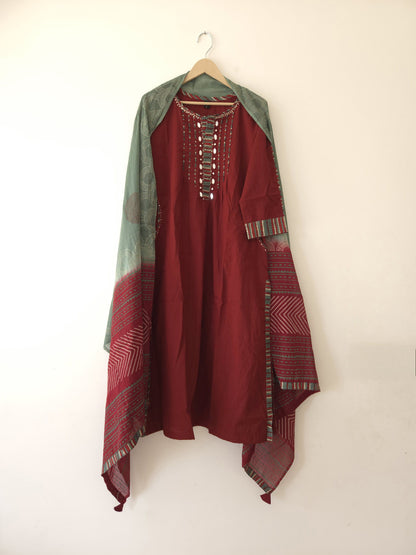DH 163-R-Rust Maroon Mirror Work Suit Set - Dharini's Store
