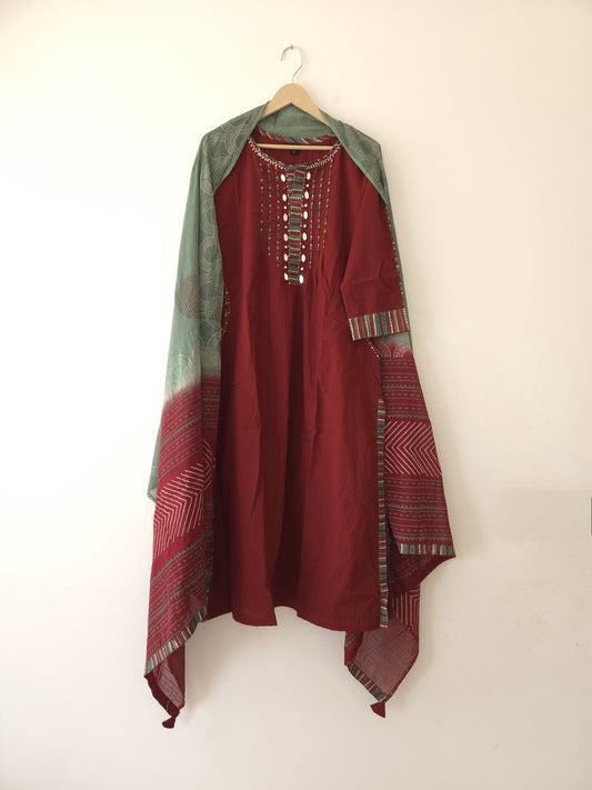 DH 163-R-Rust Maroon Mirror Work Suit Set - Dharini's Store