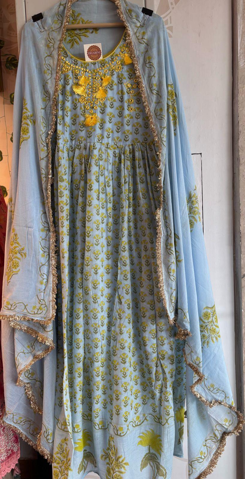 Light blue mirror work anarkali suit with yellow floral embroidery and matching dupatta