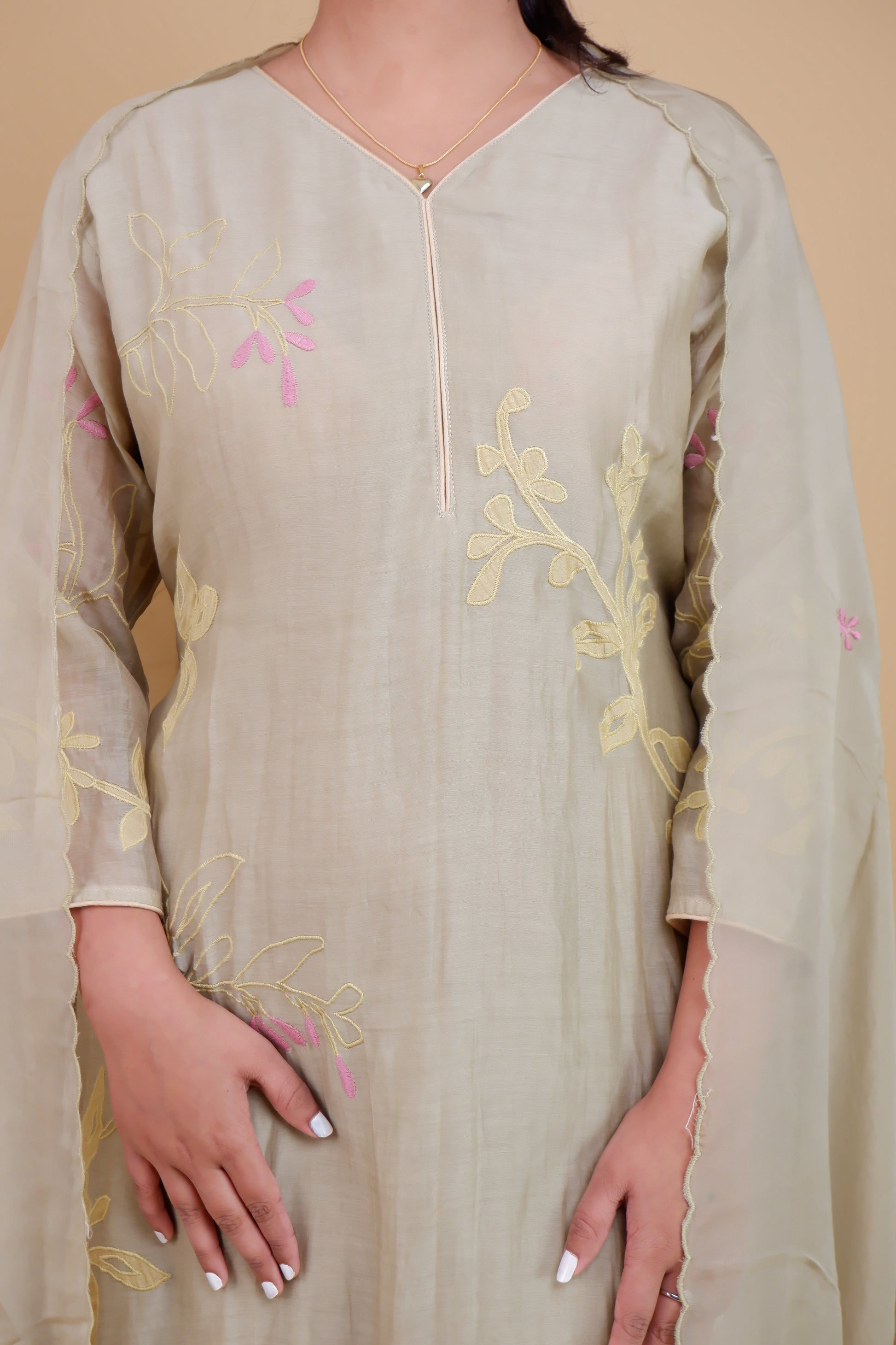 Olive chanderi embroidered suit with delicate floral designs and scalloped edges from Dharini's Store