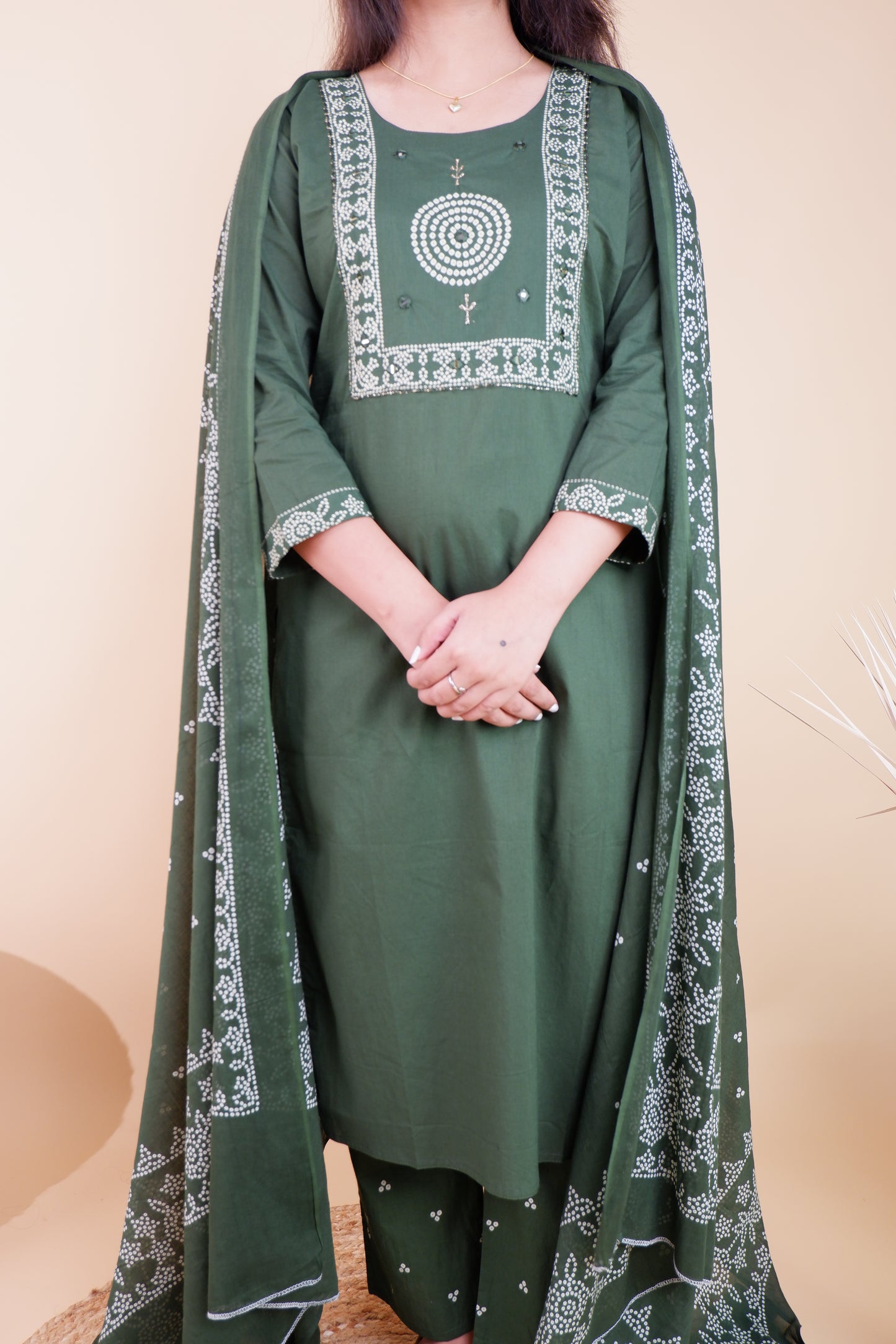 Olive green cotton suit for women with white embroidered patterns and matching dupatta from Dharini's Store