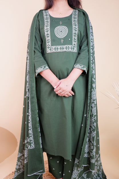 Olive green cotton suit for women with white embroidered patterns and matching dupatta from Dharini's Store