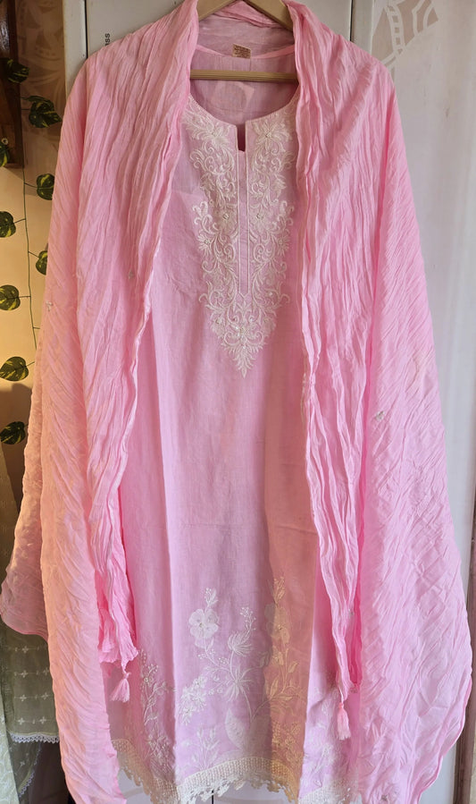 Pink 3 piece cotton kurta set with lace featuring intricate embroidery and matching dupatta