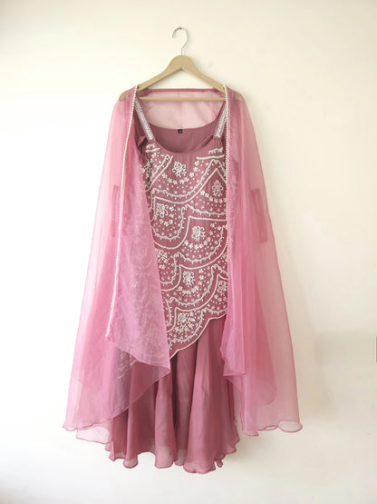 Pink pearl work dress with intricate pearl embroidery and sheer fabric from Dharini's Store