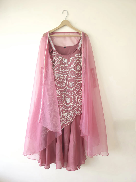 Pink pearl work dress with intricate pearl embroidery and sheer fabric from Dharini's Store