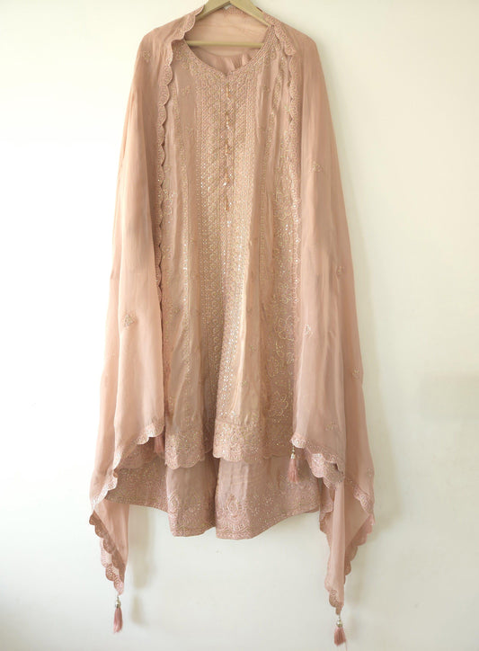 Elegant pink sharara suit set with intricate embroidery and matching dupatta from Dharini's Store