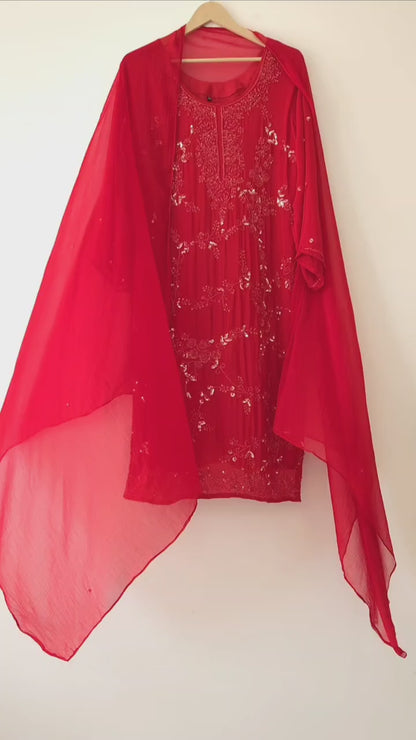 DH165-R-Elegant Red Embroidered Suit Set
