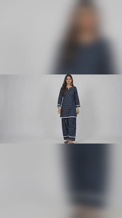 DH318-Women's Navy Blue Cotton Printed Farshi Salwar Suit Set