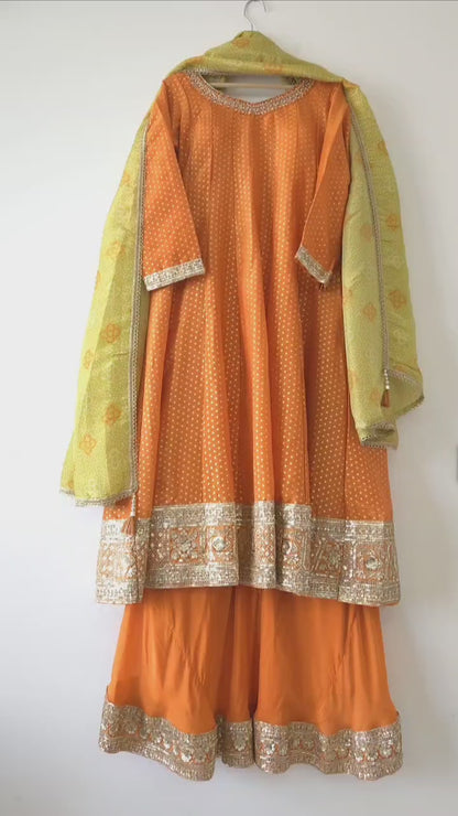 DH146O-Orange Green Anarkali Sharara Suit