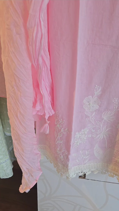 DH115P- Three Piece Cotton Kurta Set With Lace Pink Color