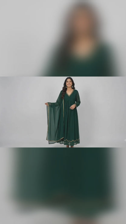 DH327-Emerald Green Mul Chanderi Embroidered A-Line Suit Set with Dupatta