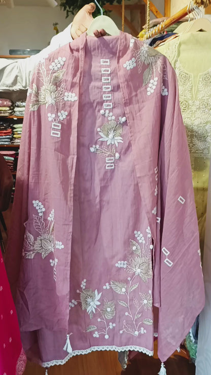 DH333-Women’s 3 Piece Unstitched Mul Chanderi  with Floral Thread Work