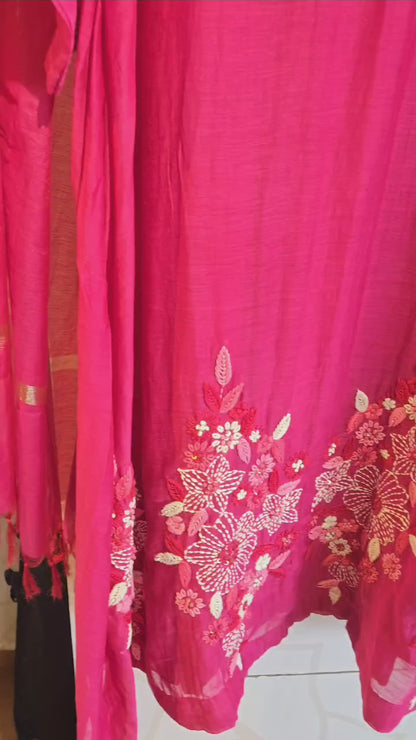 DH113-P, Rani Pink Mul Chanderi with Hand Embroidery