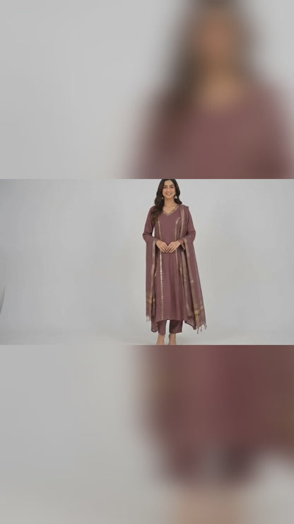 DH326-Wine Mul Chanderi Embroidered A-Line Suit Set with Dupatta