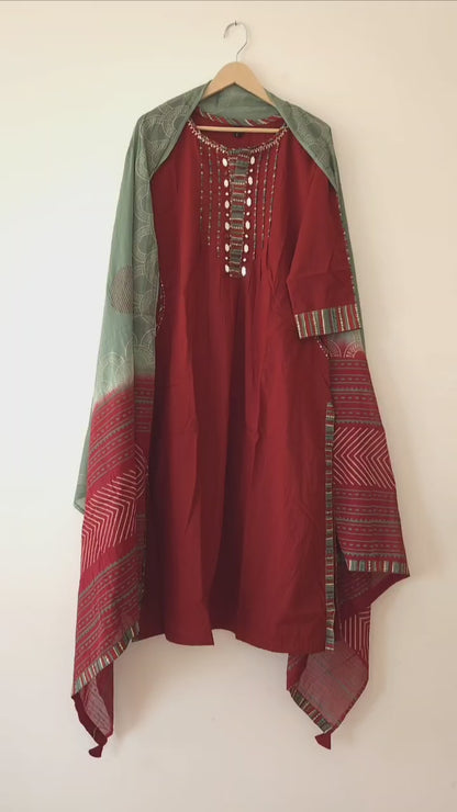 DH163R-Rust Maroon Mirror Work Suit Set