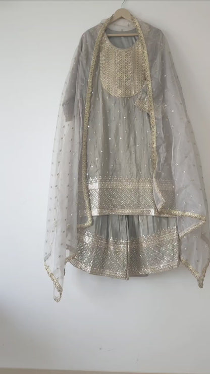 DH145G-Elegant Grey Embroidered Tissue Shimmer Suit Set