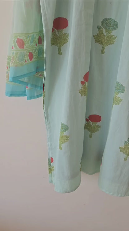DH124B-Soft Mint Green Suit with Floral Print & Dupatta