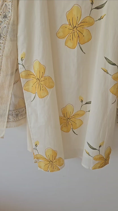DH122W-White Dress with Yellow Floral Print & Dupatta