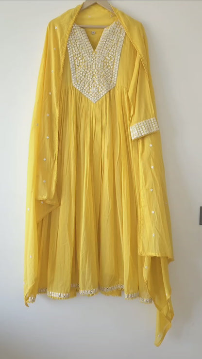 DHO106Y- Yellow Cotton Anarkali Dress with Embroidery