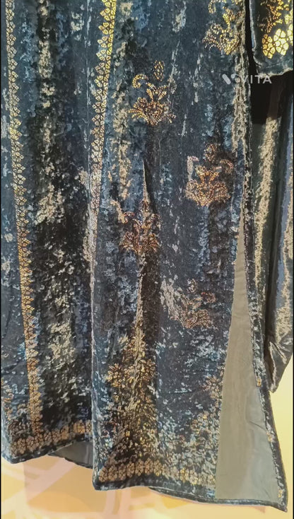 DH287-Teal Blue Velvet Three-Piece Suit with Intricate Gold Embroidery