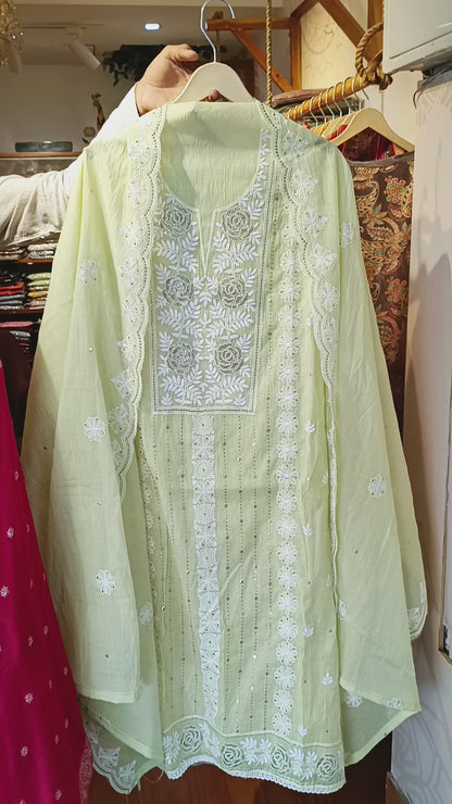 DH330-Pista Green Mul Cotton Unstitched 3 Piece Suit with Thread Work