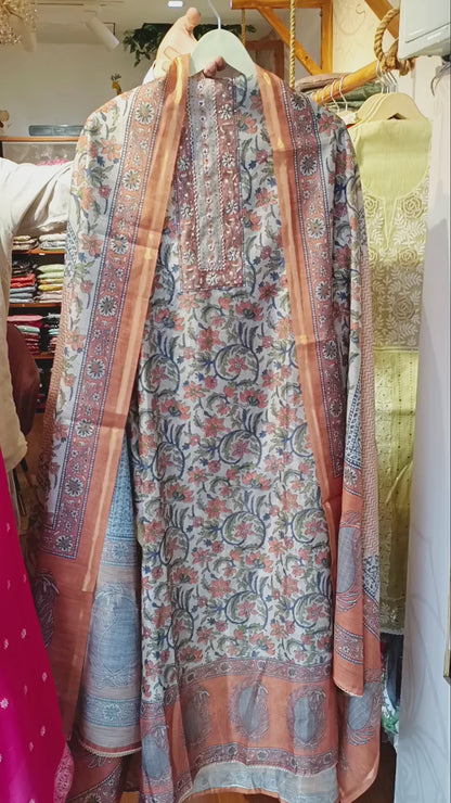DH331-Beige & Rust Chanderi Unstitched 3 Piece Suit