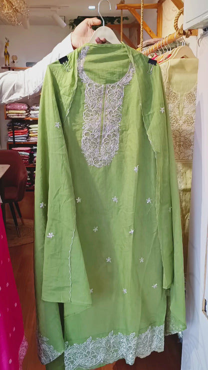 DH335-Women’s 3 Piece Olive Green Suit with Embroidery