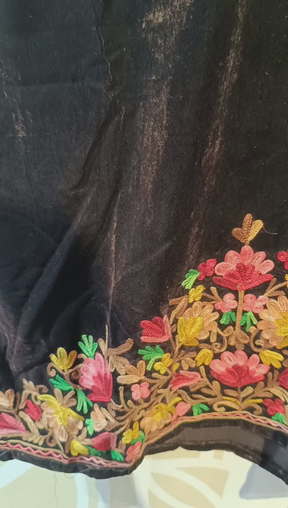 DH290-Elegant Brown Velvet Kurti with Multicolor Floral Embroidery