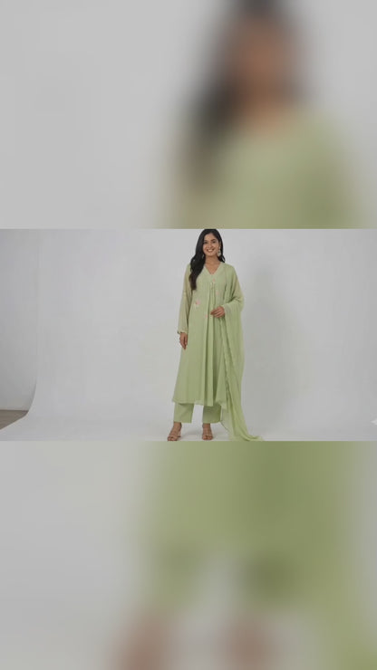 DH324-Pastel Green Mul Chanderi Embroidered A-Line Suit Set with Dupatta