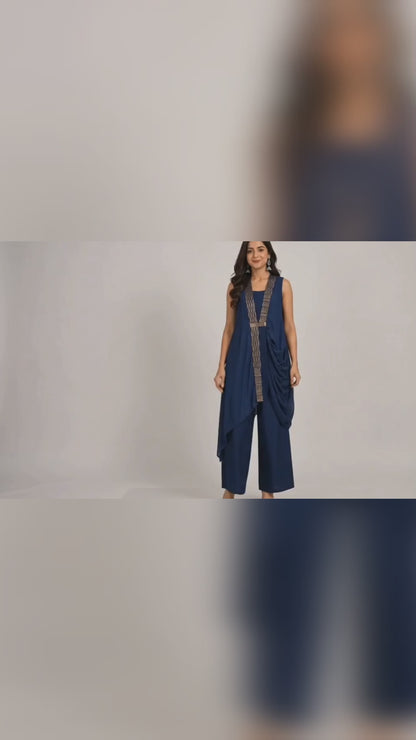 DH328-Navy Blue Indo-Western Co-Ord Set with Drape & Palazzo