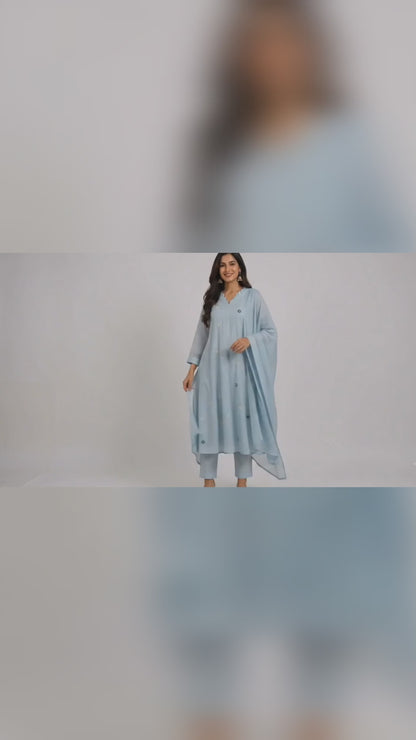 DH323-Sky Blue Mul Chanderi Embroidered A-Line Suit Set with Dupatta