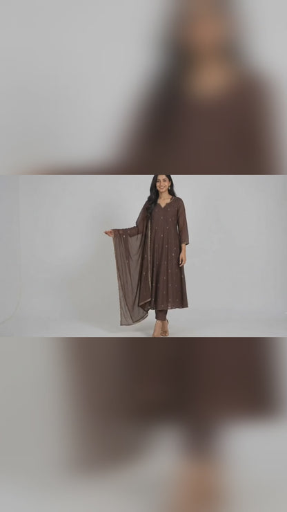 DH321-Women's Brown Mul Chanderi A-Line Suit Set with Dupatta