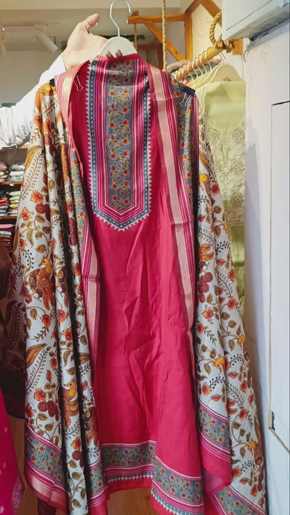 DH332-Maroon Silk  Unstitched 3 Piece Suit