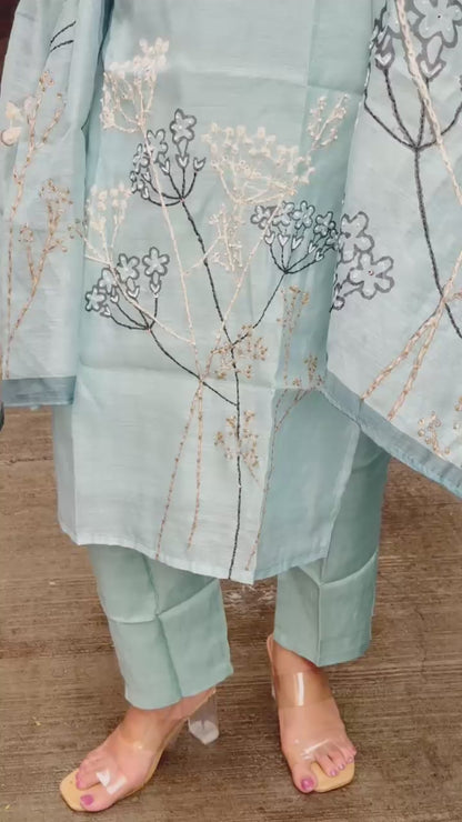 DH216-Pastel Teal With Delicate Floral embroidery
