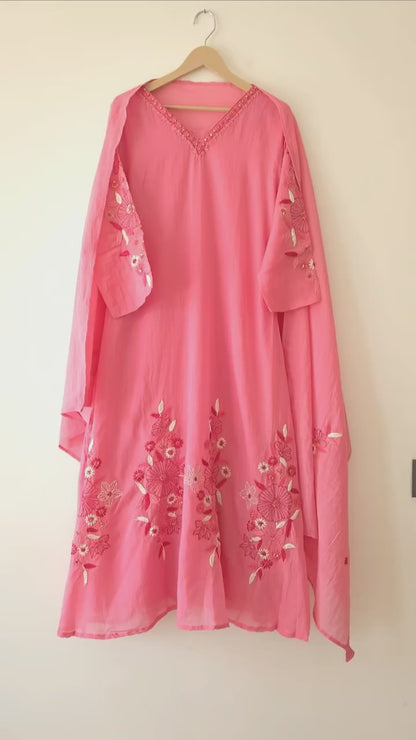 DH164P-Pink Mul Chanderi Kurta Set