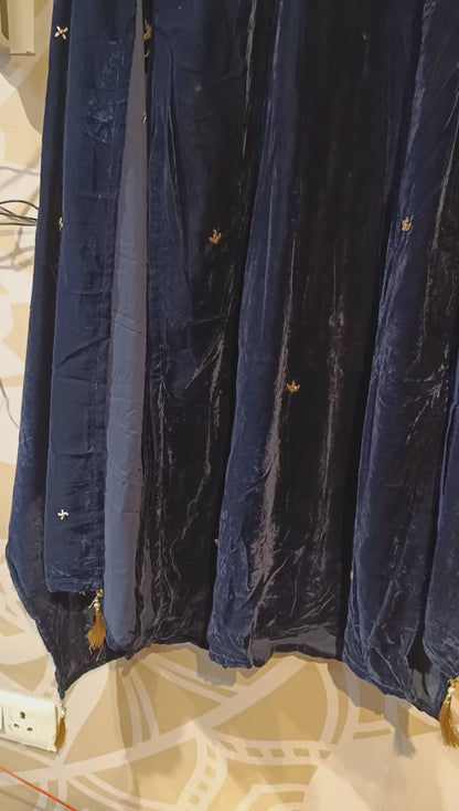 DH292-Elegant Navy Blue Three Piece Velvet Suit with Golden Embroidery