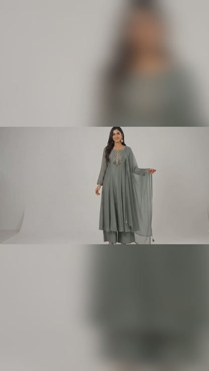 DH325-Sage Green Tissue Shimmer Embroidered Suit Set with Dupatta