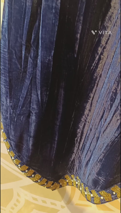 DH285-Royal Blue Velvet Three-Piece Suit with Embellished Dupatta