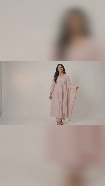 DH322-Blush Pink Mul Chanderi Embroidered A-Line Suit Set with Dupatta