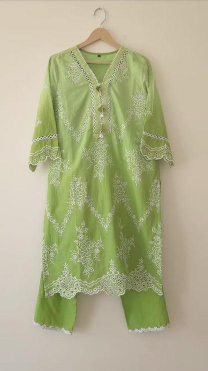 DH169G-Light Green Embroidered Kurta and Pants Set