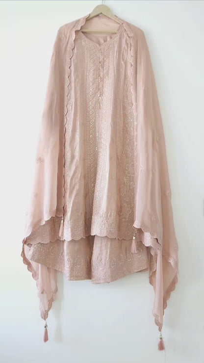 DHSO45P- Beautiful Pink Sharara Suit Set with Embroidered Overlay