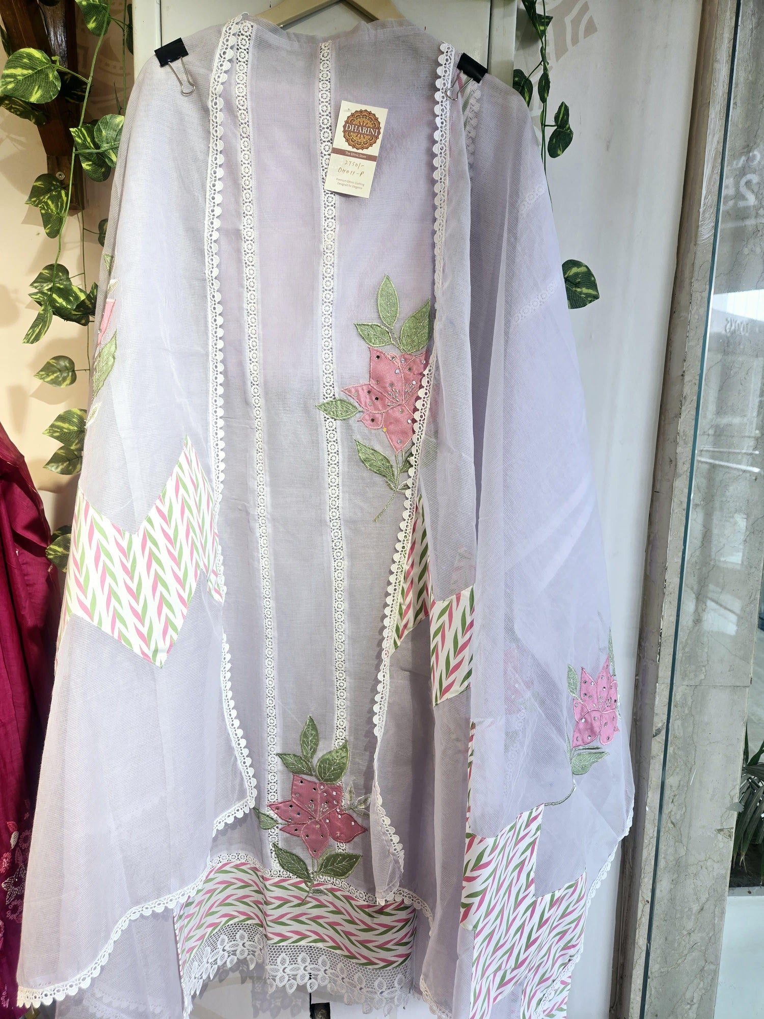 Light purple pure kota doria suit unstitched with floral embroidery and geometric pattern from Dharini's Store