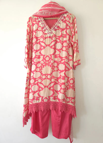 Pink and cream floral pure muslin stitched suits with lace detailing and matching pants