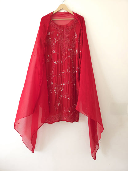 DH165-R-Elegant Red Embroidered Suit Set - Dharini's Store