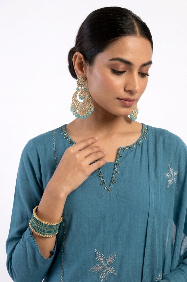 DH306-Elegant Teal Blue Embroidered Kurta Set with Dupatta