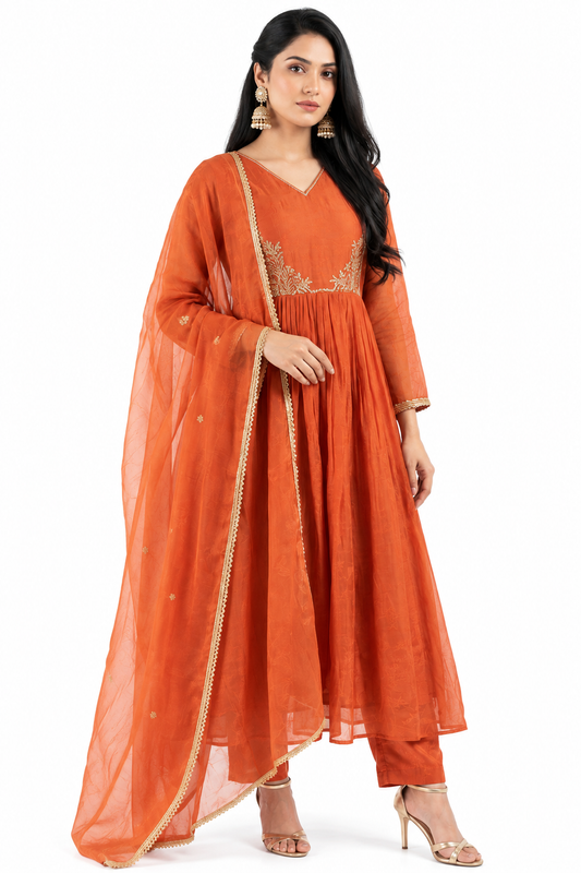 DH138- Radiant Rust Orange Mul Chanderi Suit