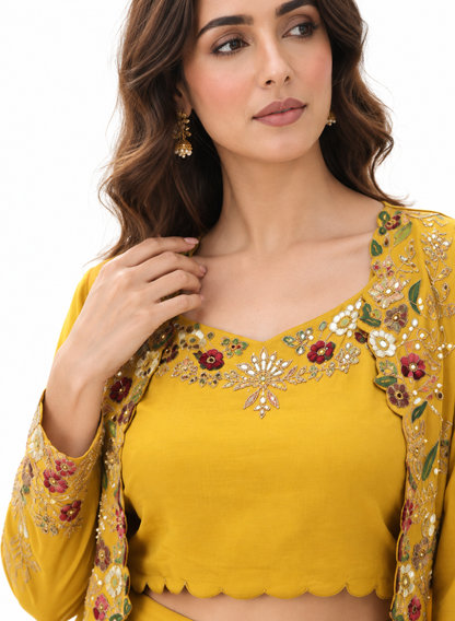 DH118Y-Yellow Palazzo Suit with Embroidered Jacket