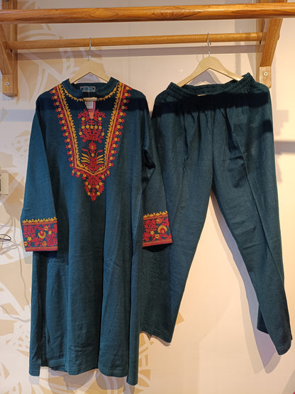 DH296-Teal Woolen Three-Piece Suit with Embroidered Details and Shawl